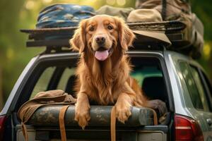 Golden Retriever dog in the trunk of a car. Traveling with a pet, Cute dog at back of car ready for travel, AI Generated photo