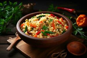 bulgur con vegetales en un cuenco en un oscuro de madera fondo, cuscús con vegetales en de madera cuchara en rústico fondo, ai generado foto