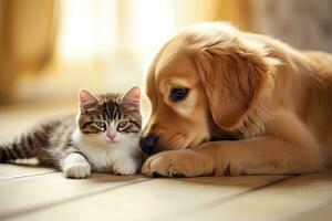 Golden retriever puppy and tabby kitten lying on the floor, Cute cat and golden retriever dog playing together at home, AI Generated photo