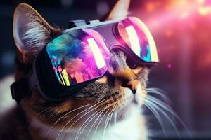 Cute cat wearing virtual reality glasses at home. Toned image, Cute cat wearing virtual reality goggles, close up. Technology concept, AI Generated photo