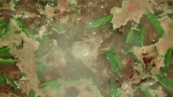 The pieces of chicken and green beans are boiling in broth video