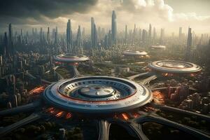 3d rendering of a futuristic city, Create a futuristic cityscape of Asuncion, where drones and flying cars seamlessly navigate the skies above architectural marvels, AI Generated photo