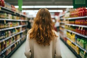 Woman choosing products in grocery store. Generative AI photo