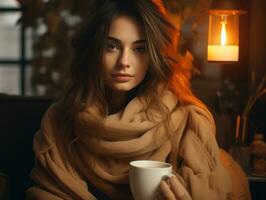 A young woman sitting and drinking coffee photo