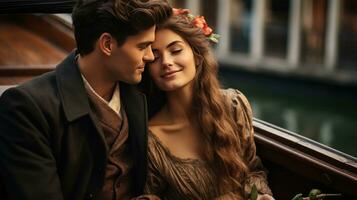 Young couple in love floats on a gondola photo