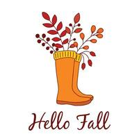 Cute card with hand drawn rubber boots, autumn leaves and berries. Traditional attributes of the autumn season. Vector doodle illustration isolated on white background