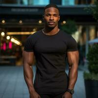 Man in black t-shirt mockup posing in the street photo