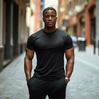 Man in black t-shirt mockup posing in the street photo