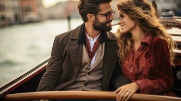 Young couple in love floats on a gondola photo