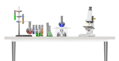 3D rendering of Laboratory desk, Microscope, alcohol lamp, test tube, flask and tube grip holder png