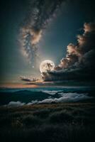 Romantic Moon In Starry Night Over Clouds. AI generated photo