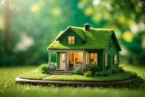 Copy space of home and life concept. Small model home on green grass with sunlight abstract background.. AI generated photo