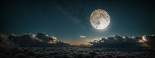 Romantic Moon In Starry Night Over Clouds. AI generated photo