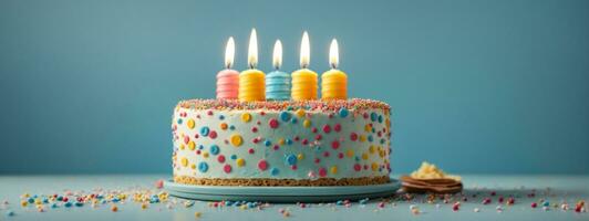 Birthday cake decorated with colorful sprinkles and  candles. AI generated photo