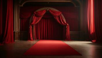 Red stage curtain with arch entrance. AI generated photo