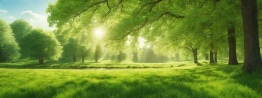 primavera naturaleza. hermosa paisaje. verde césped y arboles ai generado foto