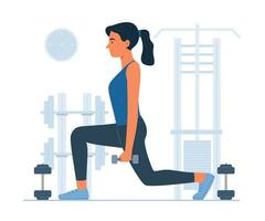mujer haciendo ejercicio con pesa en gimnasio vector