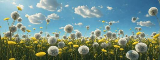 Field with dandelions and blue sky. AI generated photo