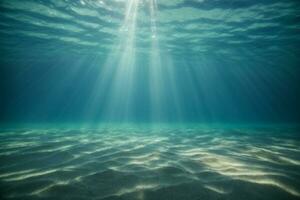 underwater background deep blue sea and beautiful light rays with sandy floor. AI generated photo