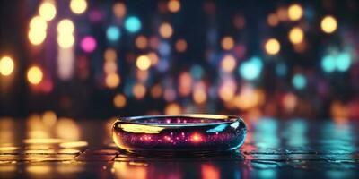 abstract background with bokeh defocused lights and shadow from cityscape at night, vintage or retro color tone. AI generated photo
