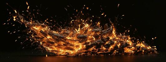 Detail of fire sparks isolated on black background. AI generated photo