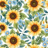 Seamless pattern with yellow sunflowers, blue daisies and colorful leaves. Autumn texture in blue and yellow colors. Suitable for fabric, wallpaper, wrapping paper, cards. vector