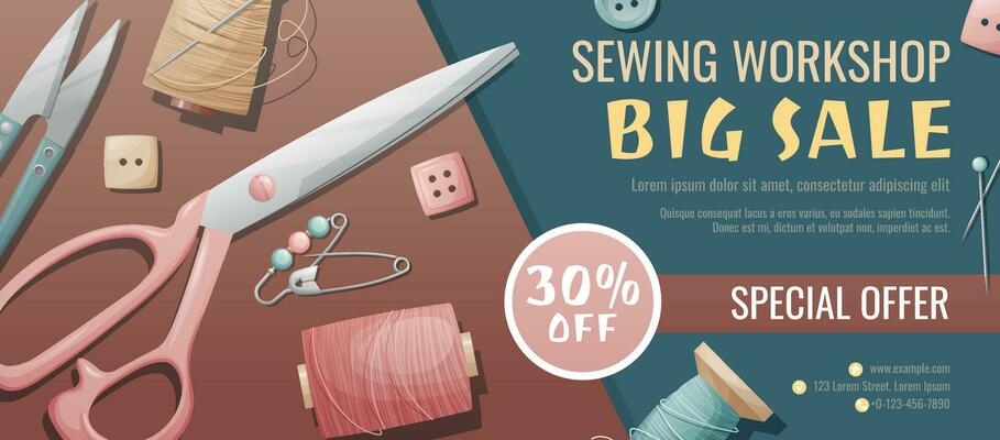Banner template for sewing workshop. Discount coupon with sewing items. Pattern, template, buttons, thread. Poster for sewing courses, schools, shops, ateliers. Discounts on products and services