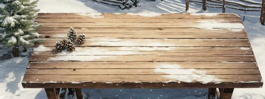 Old wood texture with snow and firtree. AI generated photo