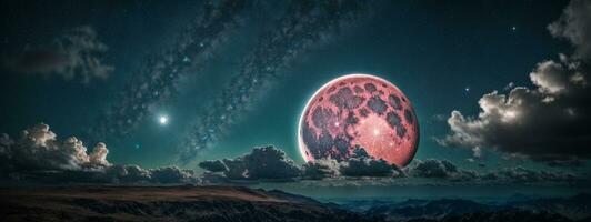 Romantic Moon In Starry Night Over Clouds. AI generated photo