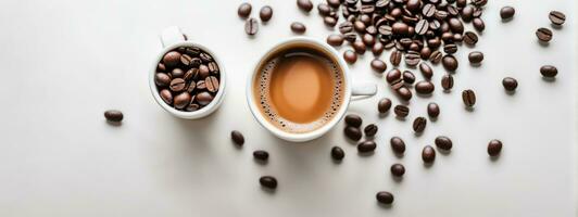 hot espresso and coffee bean on white table with soft-focus and over light in the background. top view. AI generated photo