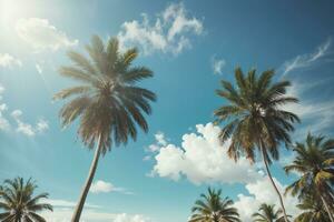 Blue sky and palm trees view from below, vintage style, tropical beach and summer background, travel concept. AI generated photo