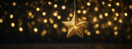 Gold star light hanging on dark background. AI generated photo