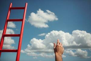 Development Attainment Motivation Career Growth Concept. Mans Hand Reaching For Red Ladder Leading To A Blue Sky. AI generated photo