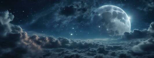 Romantic Moon In Starry Night Over Clouds. AI generated photo