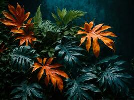 Collection of tropical leaves,foliage plant in blue color with space background. AI generated photo