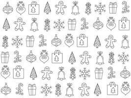 Christmas icon set with snowflakes, hats, star, Christmas tree, balls, orange, sock, gift, drink and garlands. Vector icons for business and holidays