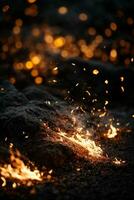 Detail of fire sparks isolated on black background. AI generated photo