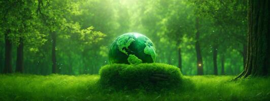 Green Globe On Moss - Environmental Concept. AI generated photo