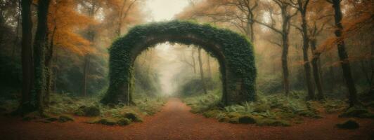 Natural archway shaped by branches in the forest. AI generated photo