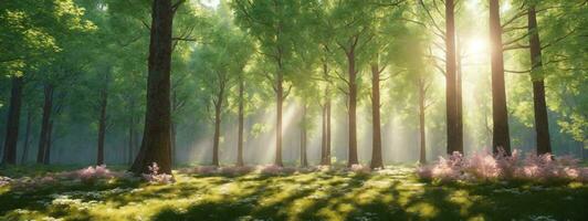 Beautiful forest in spring with bright sun shining through the trees. AI generated photo