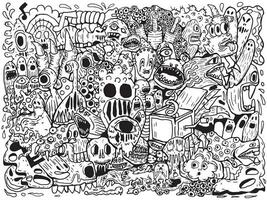 Black and White Tone Pattern Grafiti Drawing Doodle Art Pattern Halloween Monster For Textile clothes Skateboard, shoes, and bag printing backgrounds vector