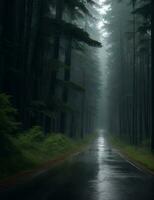 A rainy forest with a road AI Generated photo