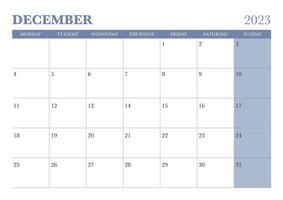 2023 diciembre calendario comienzo en lunes, púrpura color vector