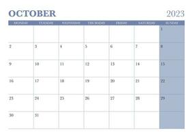 2023 october calendar start on monday vector