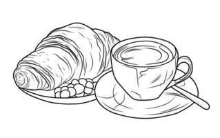 Coloring page with cups of coffee and croissant. French breakfast vector