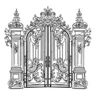 Sketch of forged metal gates. Artistic forging double-leaf garden doors made of iron. vector