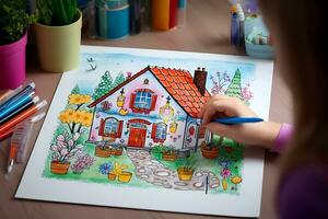 hands drawing family and house with coloured pencils. Creative activity for children. child drawing. photo