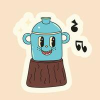 A cheerful saucepan stands on a stump with notes vector