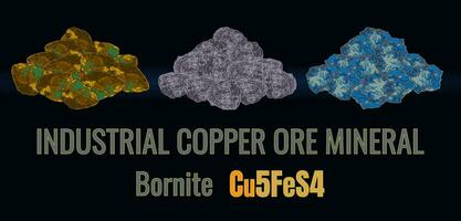 Set of chalcopyrite vector illustrations. INDUSTRIAL COPPER MINERALS. Bornite. Strategic minerals.
