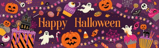 Halloween illustration. Decorated cupcakes, muffins, pastries sweets candies Vector template for banner, card, poster, web and other use
